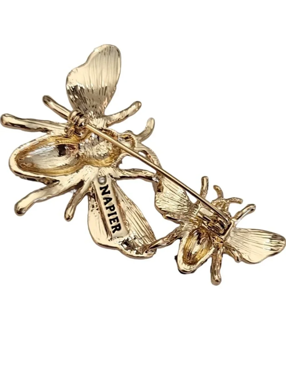 Napier Gold-Tone Clear Rhinestone Black Gold Enamel Bees Brooch, Signed K114